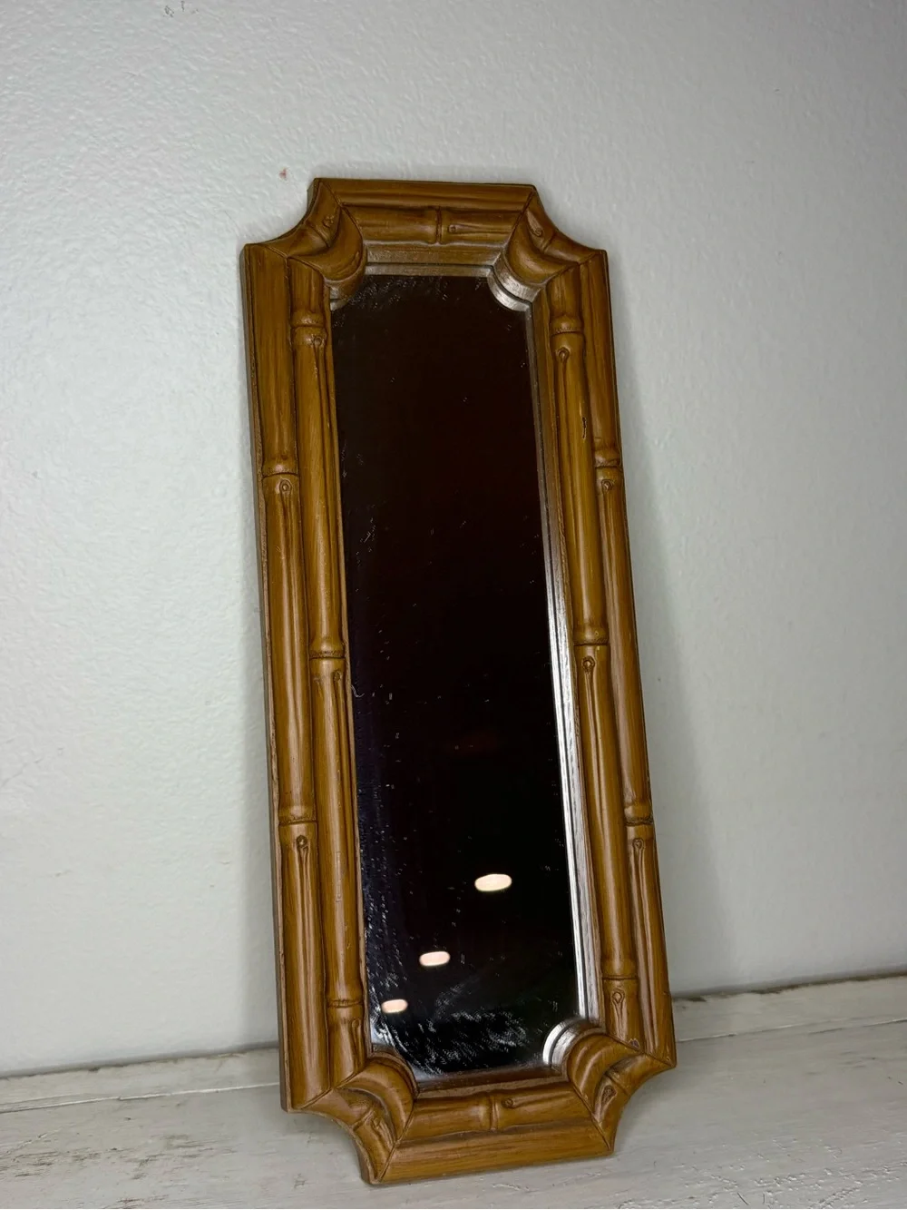 1970s Homco Faux Bamboo Wood, Brown Rectangular Mirror, Made in USA, Wall Hangin